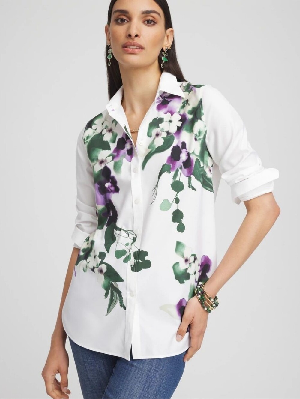Chicos No Iron White Bloom Shirt Button Up Purple Pansy Floral Cottage SZ10